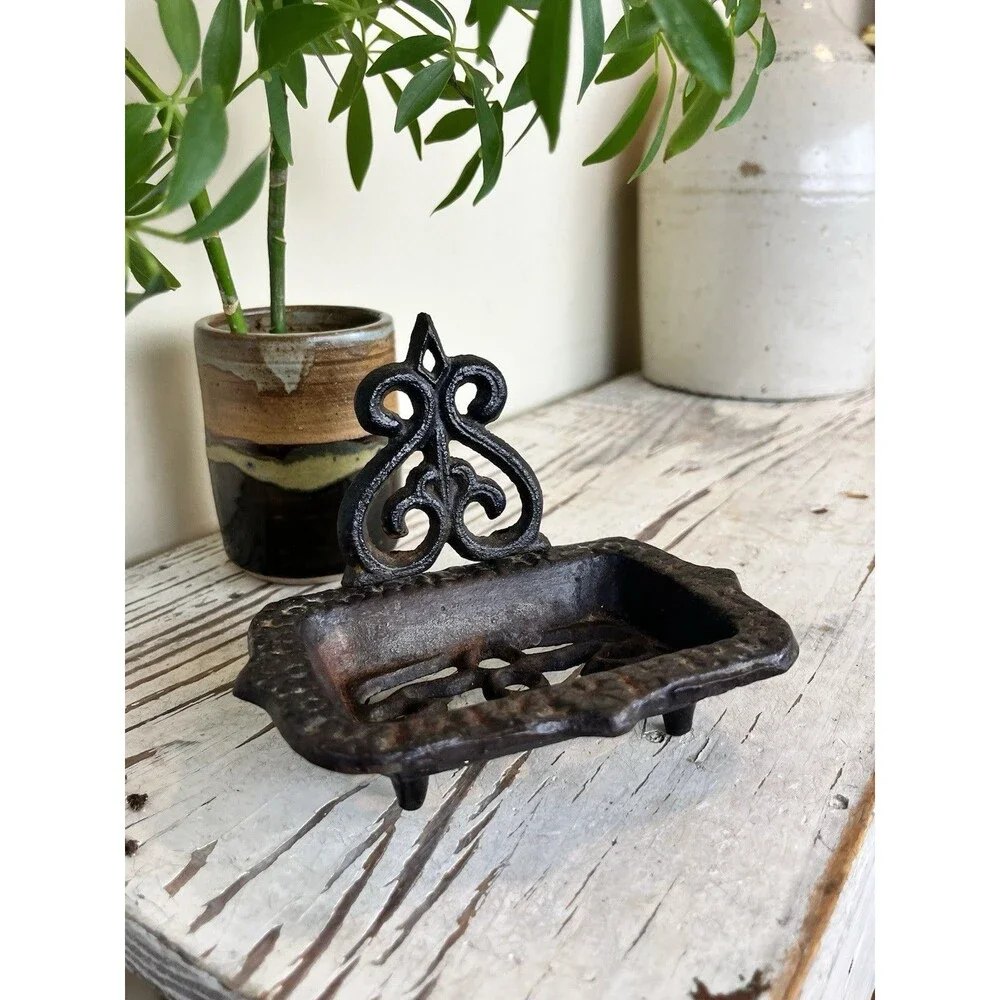 Cast Iron Farmhouse Footed Soap Dish Rustic Black Brown 6